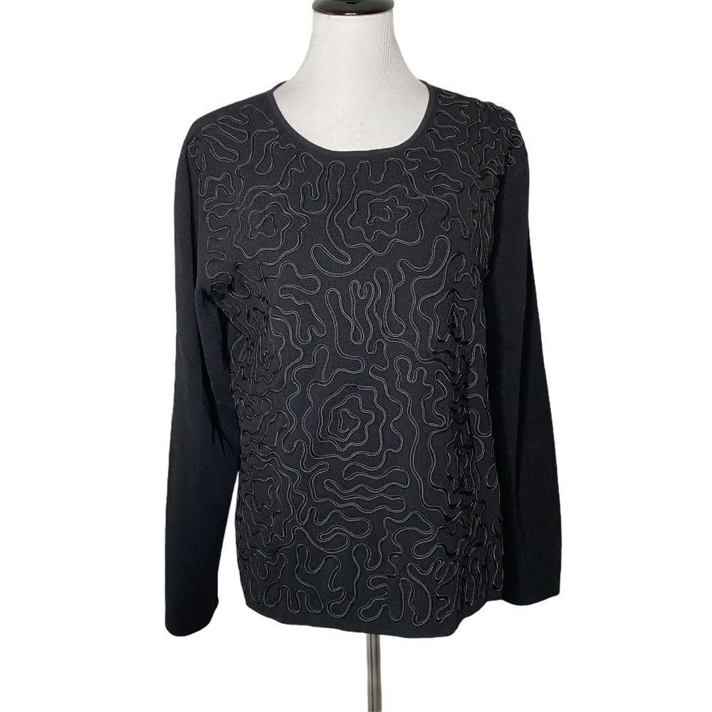Chicos Design Whimsigoth Soutache Ribbon Swirl Knit Top Pullover XL Black